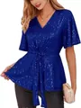 Elegant royal blue sequin V-neck top featuring stylish bell sleeves and a waist tie detail - Blue