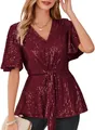 Elegant burgundy sequin V-neck top with stylish bell sleeves for evening parties - Burgundy