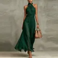 Detailed view of elegant emerald green halter neck pleated chiffon maxi dress fashion - Dark Green