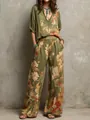 Elegantes pantalones bohemios de pernera ancha con estampado floral verde oliva - S / Parte Superior e Inferior / Verde oliva