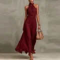 Detail of elegant burgundy halterneck chiffon maxi dress with pleated waist design. - XS / Dresses / Burgundy