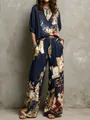 Elegantes pantalones de talle alto y pierna ancha para mujer con estampado floral - S / Parte Superior e Inferior / Azul marino