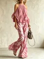 Elegante top estivo a cavezza in chiffon con volant e pantaloni larghi stampati - XS / Top E Pantaloni / Rosa