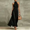 Elegant black halter neck chiffon maxi dress with pleated waist detail for vacation - XS / Dresses / Black