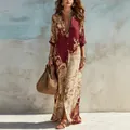 Elegant full-length shirt dress with vintage digital print and baroque patterns - Burgundy