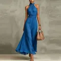 Full view of blue chiffon halter neck maxi dress with pleated waist for resort style - XS / Dresses / Blue