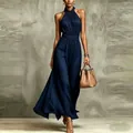 Elegant navy blue halter neck pleated chiffon maxi dress with cinched waist detail. - Navy Blue