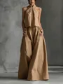 Elegante set da donna con top all'americana e pantaloni a gamba larga color cammello. - Taglia S / Top E Pantaloni / Cammello