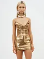 Glamorous front view of a sexy gold sequin V-neck mini dress on a blonde model - XS / Dresses / Gold