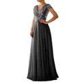 Elegant floor-length evening gown featuring a sequined V-neck bodice and a flowing chiffon skirt. - S / Dresses / Black