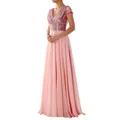Elegant pink evening gown with V-neck sequined bodice and flowing chiffon skirt - S / Dresses / Pink