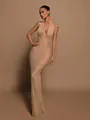 Elegante vestido de noche largo con lentejuelas y cuello halter en color oro champán - XS / Vestidos / Champán
