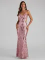 Elegant rose gold sequined evening gown featuring a V-neck and side cut-outs for gala parties - Pink