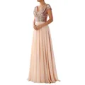 Elegant rose gold sequin and light pink chiffon V-neck evening maxi gown for women - S / Dresses / Beige