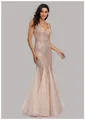 Elegant rose gold sequined mermaid evening gown with sheer tulle skirt panels. - S / Dresses / Champagne