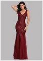 Elegant floor-length red sequin mermaid evening gown featuring a classic V-neck and mesh hem - S / Dresses / Burgundy