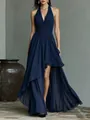 Detail of navy blue halter chiffon evening dress with pleated waist and high-low hem - S / Dresses / Navy Blue