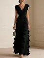 Elegant floor-length black chiffon evening gown with V-neck and ruffled side detailing - Black