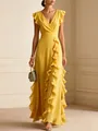 Full-length view of a yellow V-neck chiffon gown with ruffles and pleats detail - Gold