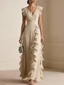 Elegant cream chiffon maxi dress featuring layered ruffled details and a sophisticated V-neck - S / Dresses / Apricot