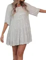Elegant white sequined short dress with tiered skirt and half sleeves for party wear - S / Silver