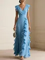 Detail view of a light blue V-neck chiffon maxi dress with elegant ruffle accents. - S / Dresses / Sky Blue