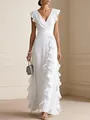 Full view of elegant white V-neck chiffon evening gown with ruffled side detail - S / Dresses / White