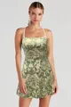 Elegant beige mini party dress featuring green sequin damask patterns and thin straps - 2XL / Dresses / Green