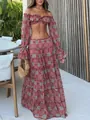 Bohemian off-the-shoulder crop top and tiered maxi skirt set with vintage floral print - S / Top And Bottom (25133) / Russet (25133)