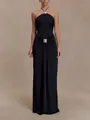 Front view of an elegant black halter neck maxi dress with gold hardware details - S / Dresses / Black