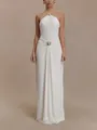 Elegant white halter neck maxi dress with gold hardware accents and waist draping detail - S / Dresses / White