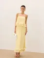 Full view of elegant French style ruffled camisole and pleated maxi skirt set in pale yellow - S / Dresses / Yellow