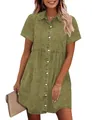 Robe chemise en jean délavé vert décontractée avec col à revers et coupe ample - S / Robes / Vert Militaire