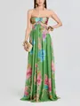 Detail of a French style floral printed maxi dress featuring a cut-out waist and halter neck - S / Dresses / Rainbow