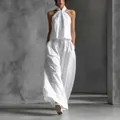 Elegante completo estivo bianco a due pezzi con top all'americana e pantaloni larghi. - Taglia S / Top E Pantaloni / Bianco