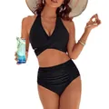 Ensemble bikini noir sexy avec haut croisé et culotte froncée à taille haute élégant - S / Haut Et Bas / Noir