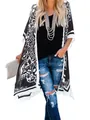 Bohemian black and white paisley print kimono beach cover-up cardigan for women - One Size-F / Tops / Black and White Paisley (T2112A—2)