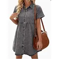 Gewaschenes graues Denim-Minikleid mit Reverskragen und modischer Rüschentaille - S / Kleider / Grau