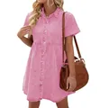 Stylisches gewaschenes rosa Jeanskleid, kurzärmelig, zum Knöpfen, mit gestuftem Rock - S / Kleider / Rosa