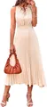 Elegant beige V-neck Swiss dot sleeveless pleated midi A-line beach dress for women - S / Dresses / Apricot