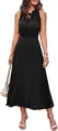 Elegant black sleeveless pleated midi dress with Swiss dots and V-neck tie detail for women. - S / Dresses / Black