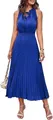 Blue sleeveless Swiss dot pleated midi dress with ruffled V-neck and tie detail. - S / Dresses / Sapphire Blue
