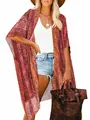 Elegant bohemian printed beach cover-up cardigan with vintage geometric patterns - One Size-F / Tops / Wine Red Bohemian (T2112—14)
