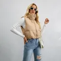 Gilet imbottito corto color kaki con collo alto e design a tinta unita alla moda - Taglia M / Top / Kaki