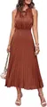 Elegant burnt orange sleeveless V-neck Swiss dot pleated midi dress for summer fashion - S / Dresses / Brick Red