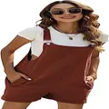 Casual brown cotton linen overall shorts with adjustable straps and pockets for women - S / Bottoms / Brown