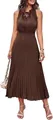 Dark brown Swiss dot pleated midi dress with sleeveless V-neck and A-line silhouette - S / Dresses / Brown
