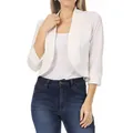 Vue détaillée d'un blazer court blanc à manches trois-quarts et devant ouvert - Blanc