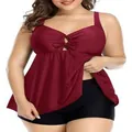 Damen Tankini-Set in Übergröße mit weinrotem Oberteil und schwarzen Badeshorts - 3XL / Oberteil Und Unterteil / Rot