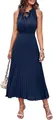 Sleeveless navy blue pleated midi dress with swiss dot pattern and V-neck tie detail - S / Dresses / Navy Blue
